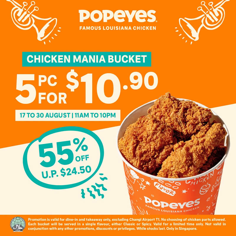 Popeyes Chicken Mania Bucket 55 percent off price list 17 to 30 August
