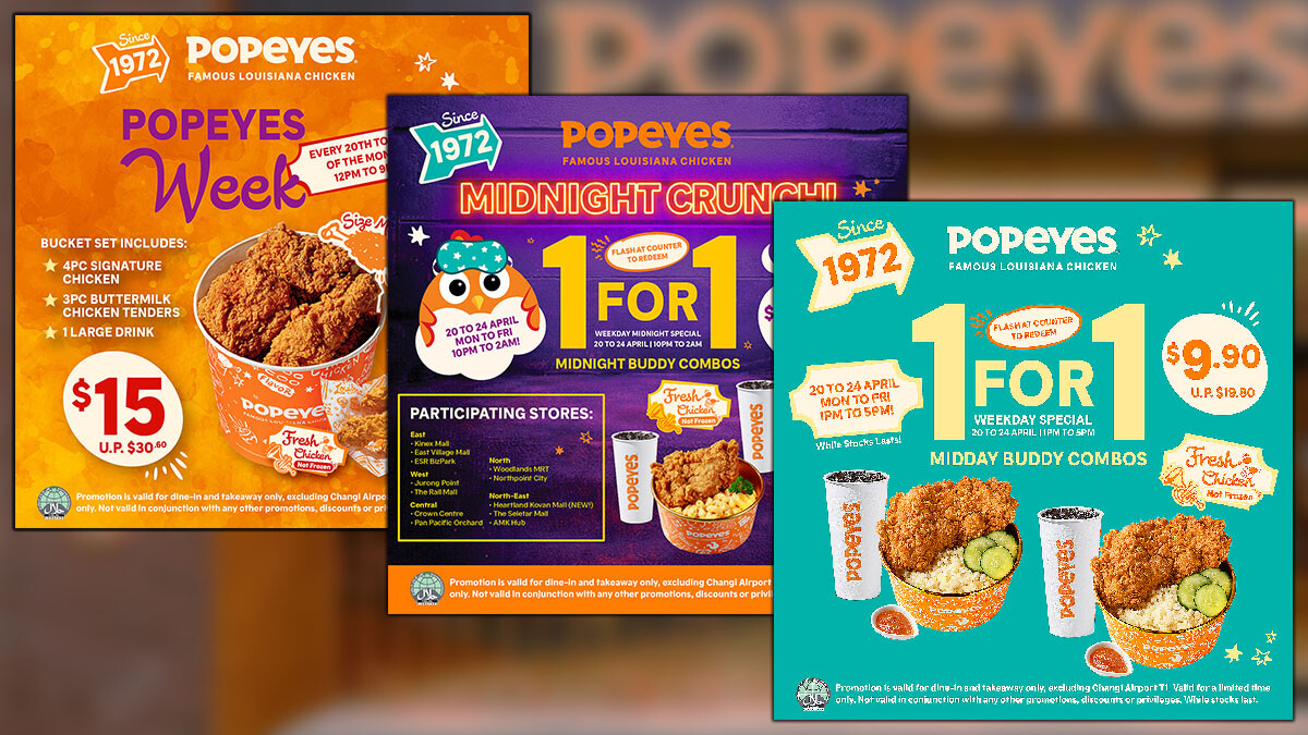 Popeyes Singapore launches three promotions from 20 April 2026 including Full Bucket Set $15 and 1-for-1 Midnight Crunch