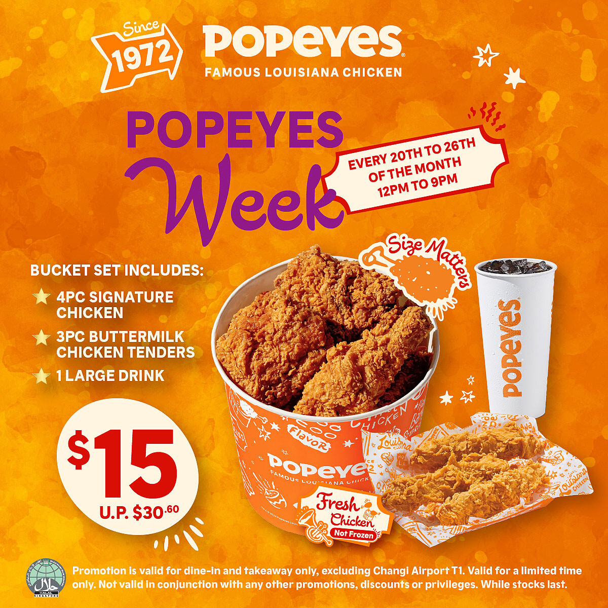 Popeyes Chicken Week Full Bucket Set at $15 down from $30.60, valid 20 to 26 April 2026