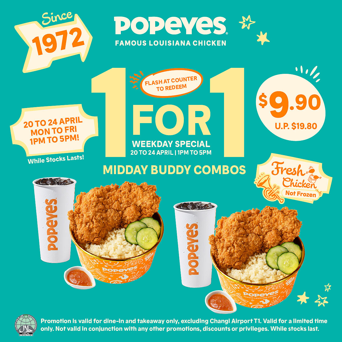 Popeyes Midday Buddy Combo 1-for-1 Hainanese Fragrant Rice Kick Bowls at $9.90 from 20 to 24 April 2026, 1pm to 5pm