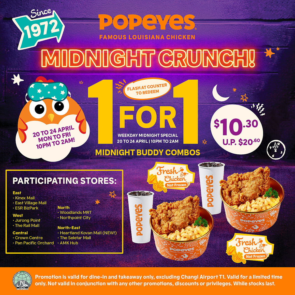 Popeyes Midnight Crunch 1-for-1 Midnight Buddy Combo at $10.30 from 20 to 24 April 2026, 10pm to 2am