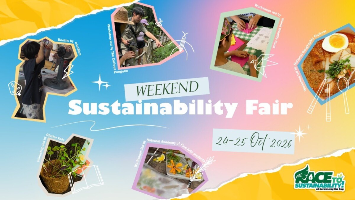 Weekend Sustainability Fair poster with photos of children at workshops and a bowl of laksa