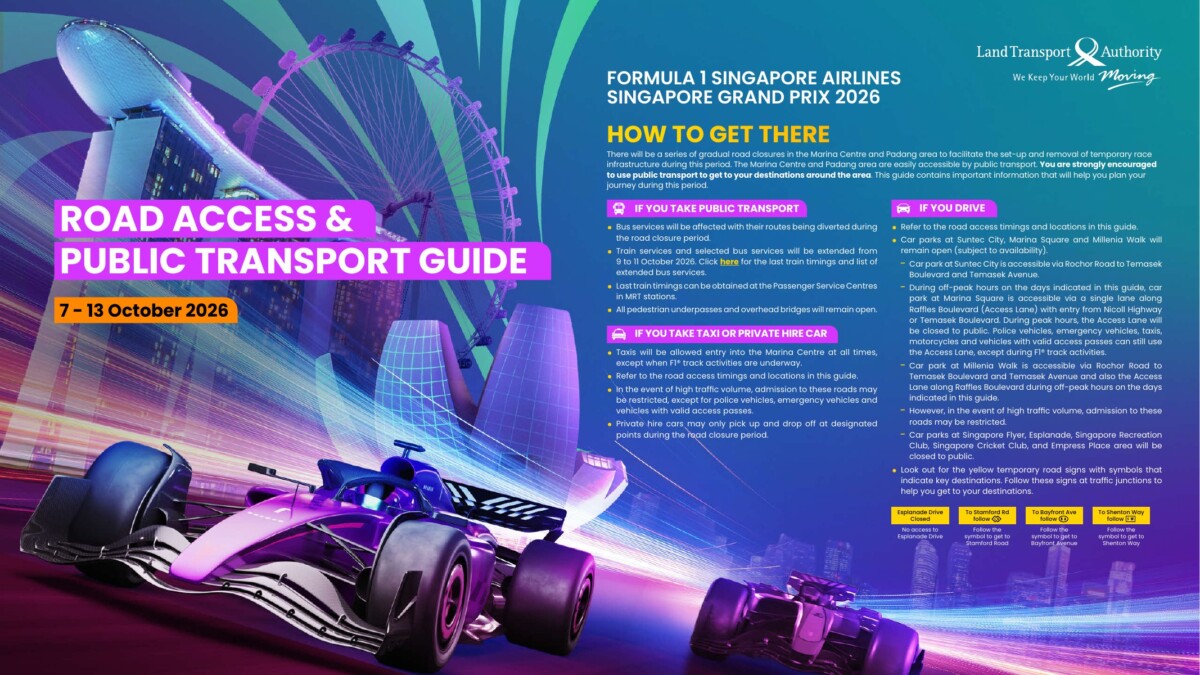 LTA guide to road closures and transport for the Formula 1 Singapore Airlines Singapore Grand Prix 2026