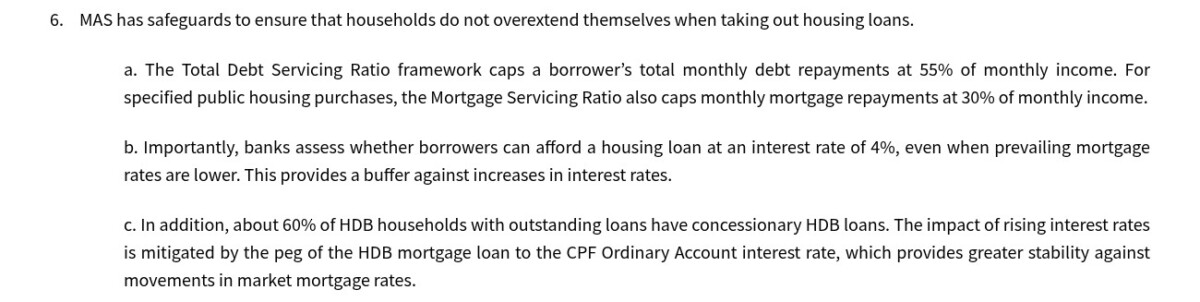 MAS oral reply listing the 55 per cent TDSR, 30 per cent MSR and 4 per cent assessment rate