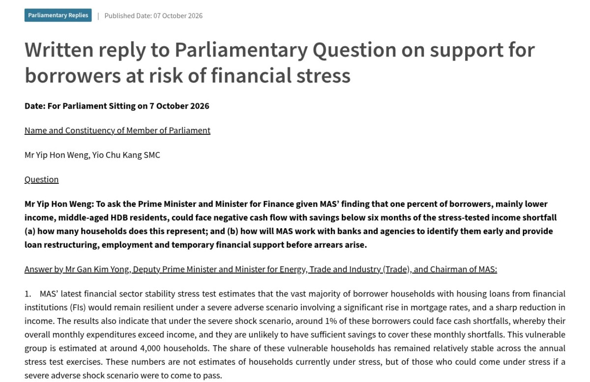 MAS written parliamentary reply of 7 October 2026 estimating around 4,000 vulnerable borrower households
