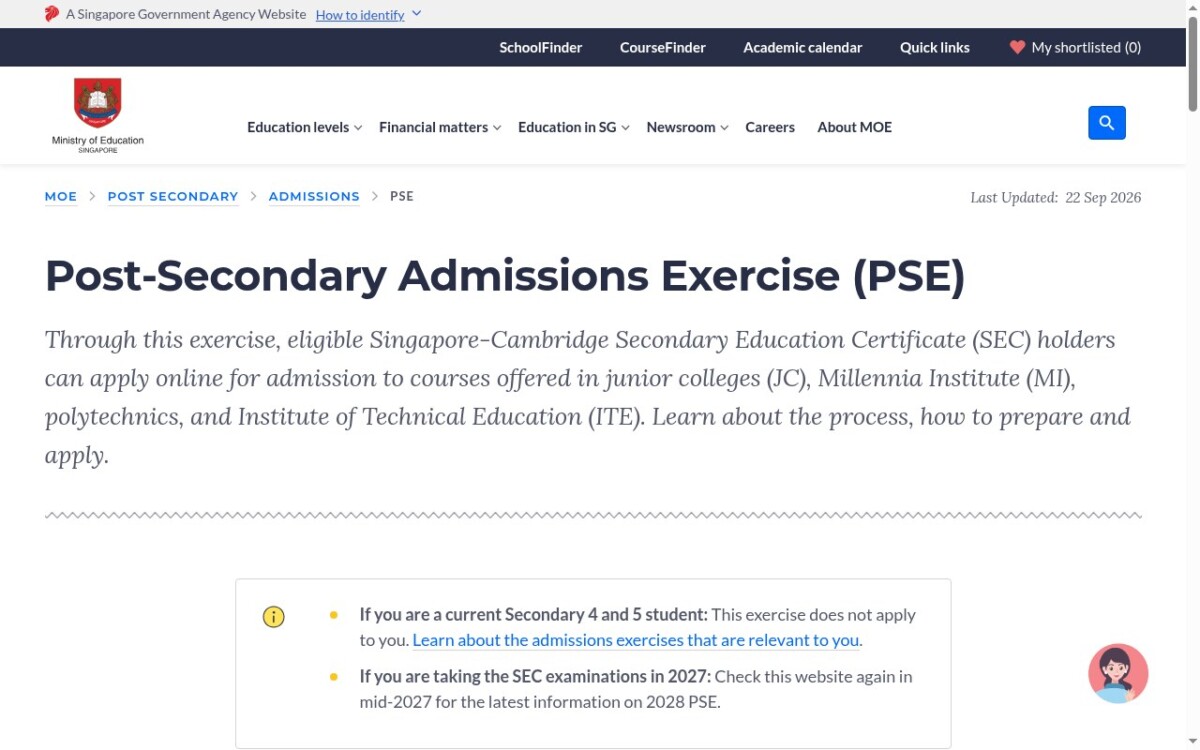 Ministry of Education Post-Secondary Admissions Exercise PSE webpage