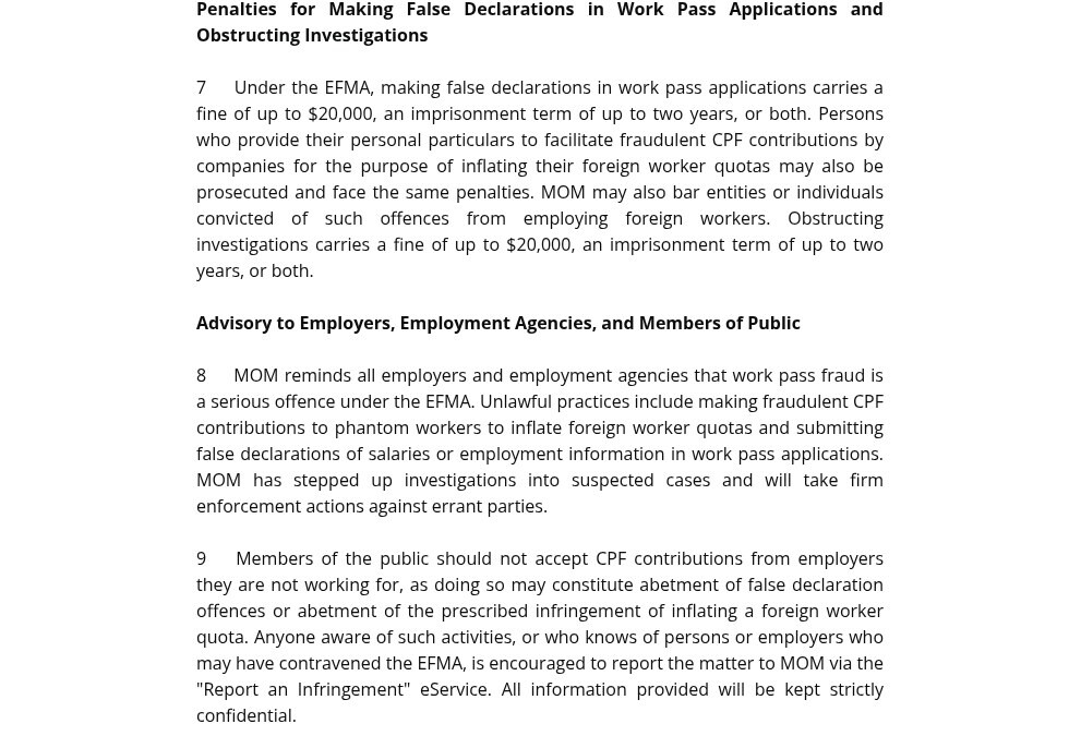 MOM penalties and advisory telling the public not to accept CPF from employers they do not work for