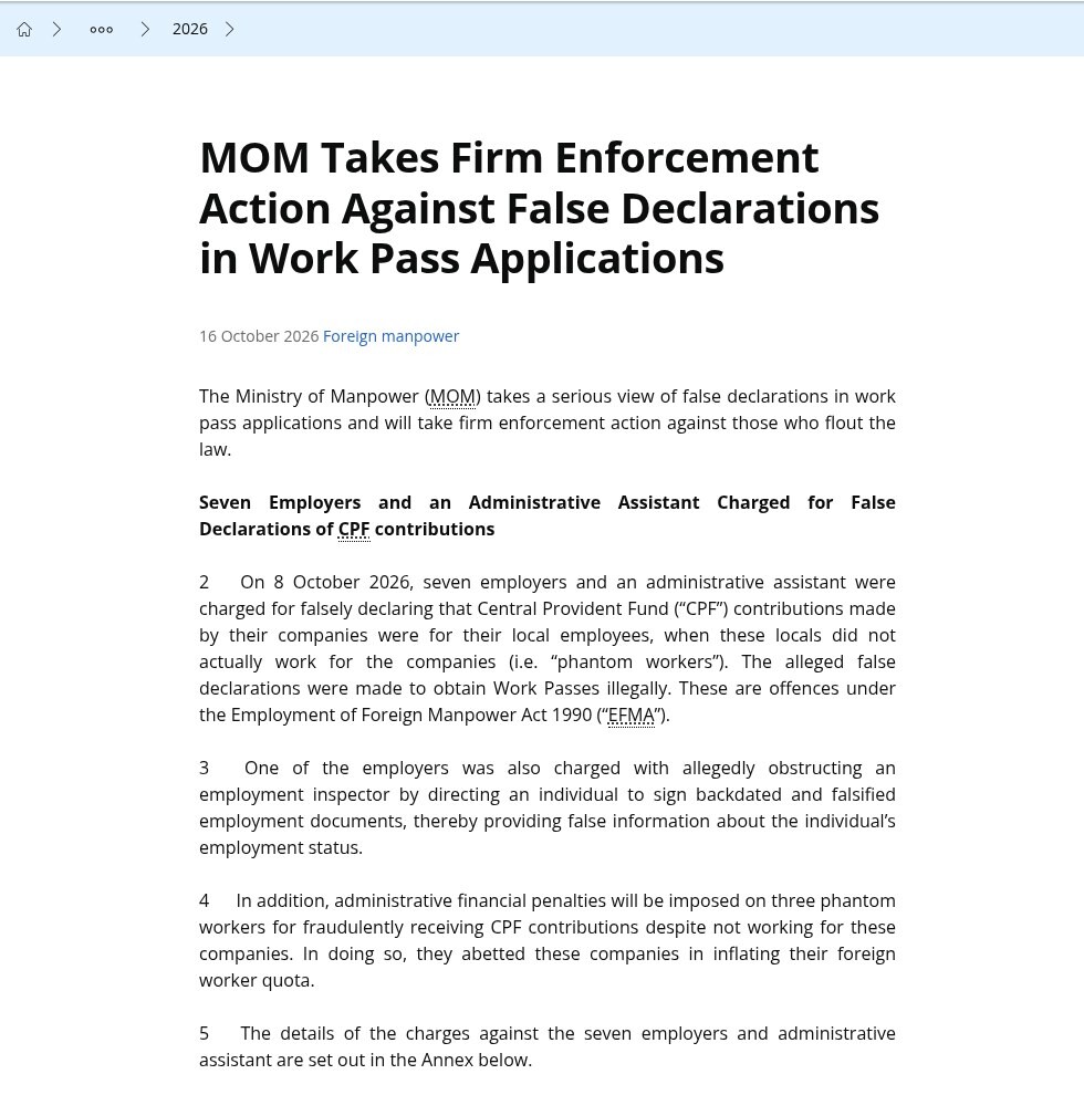 MOM press release of 16 October 2026 on false CPF declarations for phantom workers in work pass applications