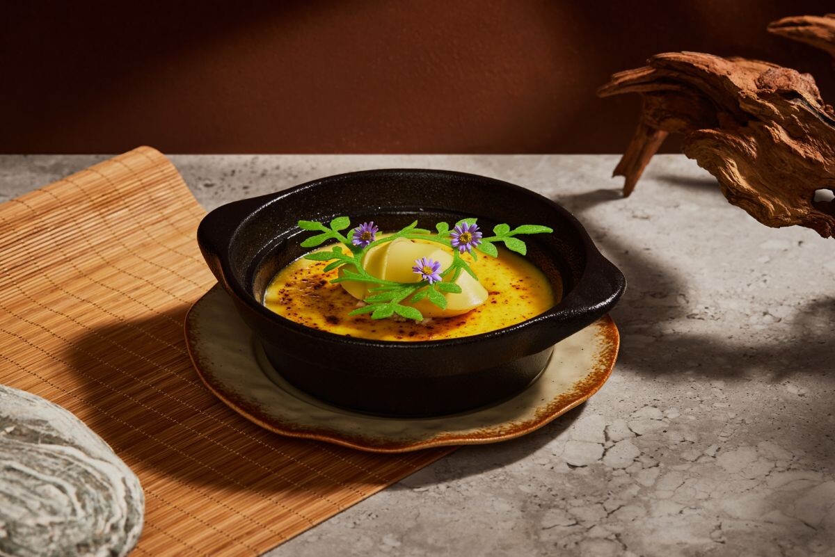 Cempedak Creme Brulee 2.0 dessert with coconut gelato at Racines Sofitel Singapore