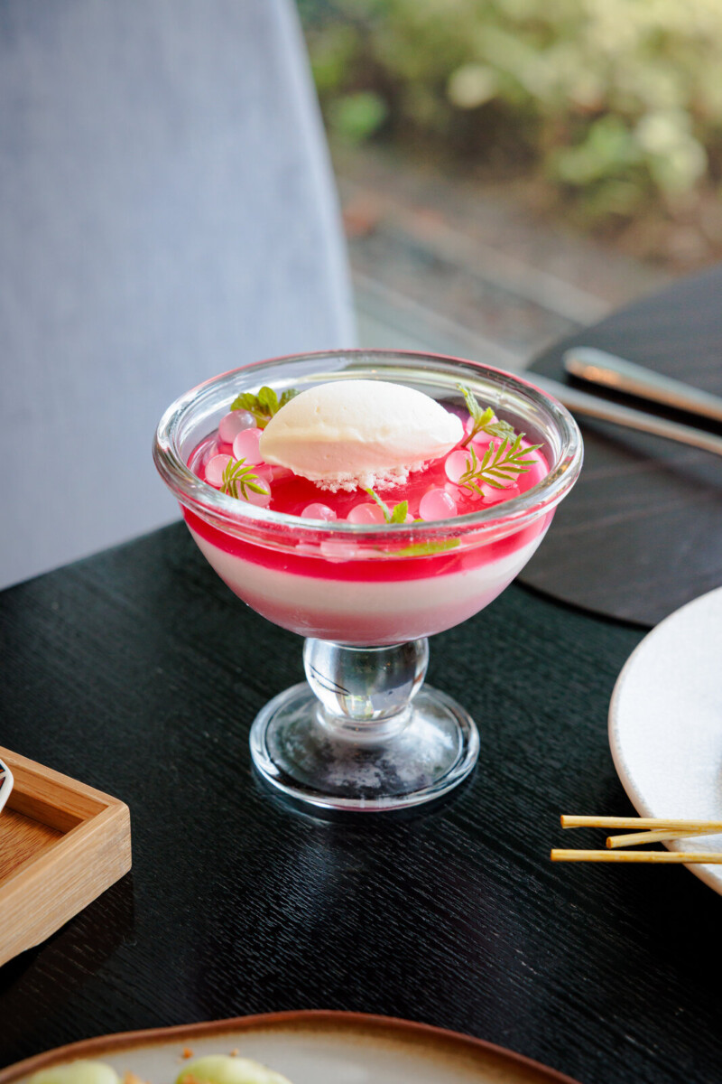 Rose Panna Cotta dessert at Racines, Sofitel Singapore City Centre