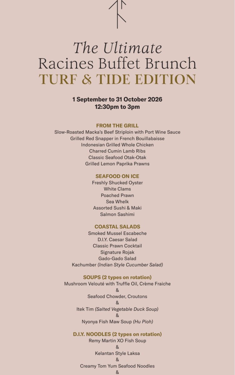 Racines Turf & Tide buffet brunch menu listing salads, soups, noodles and mains
