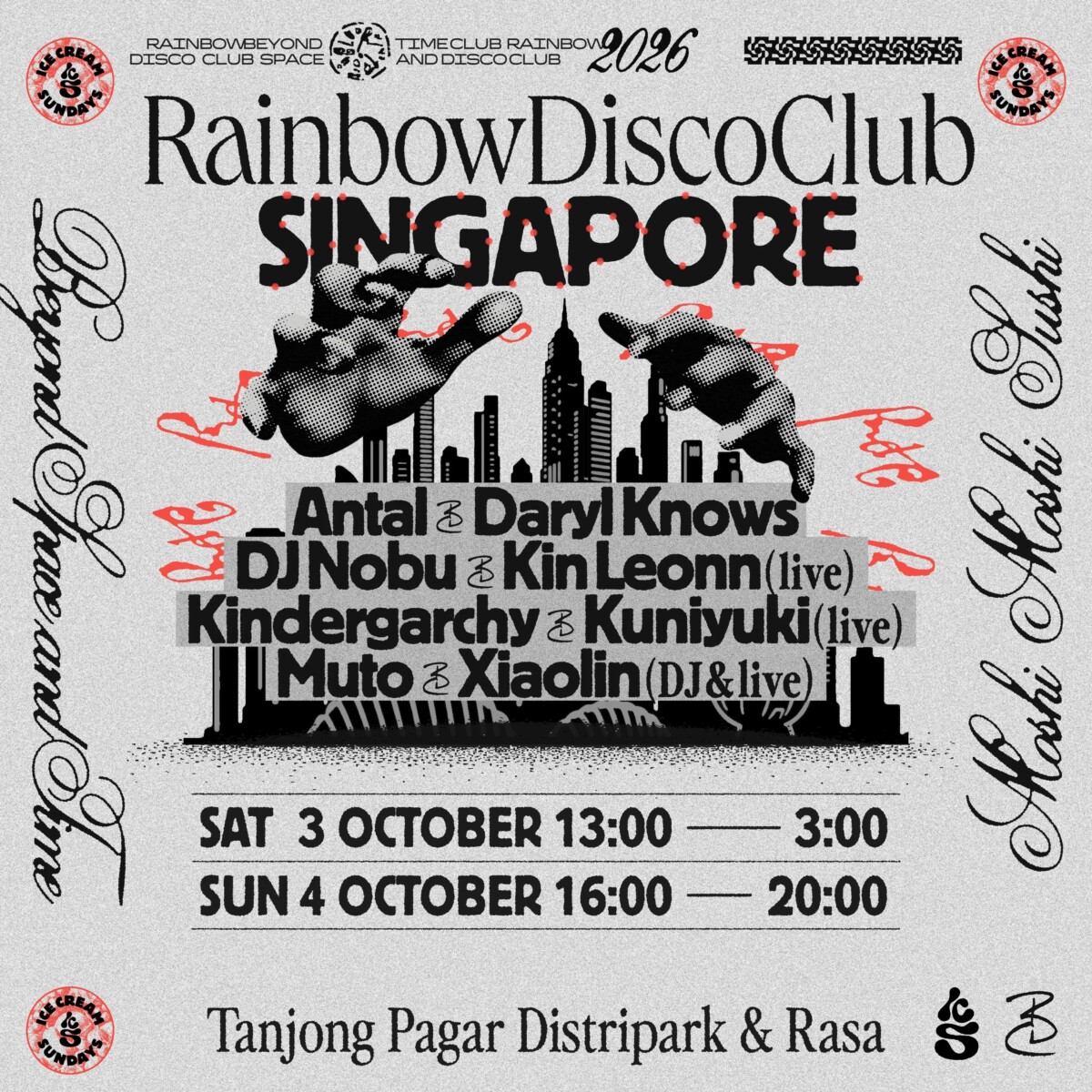 Rainbow Disco Club Singapore 2026 poster with lineup, dates and Tanjong Pagar Distripark venue
