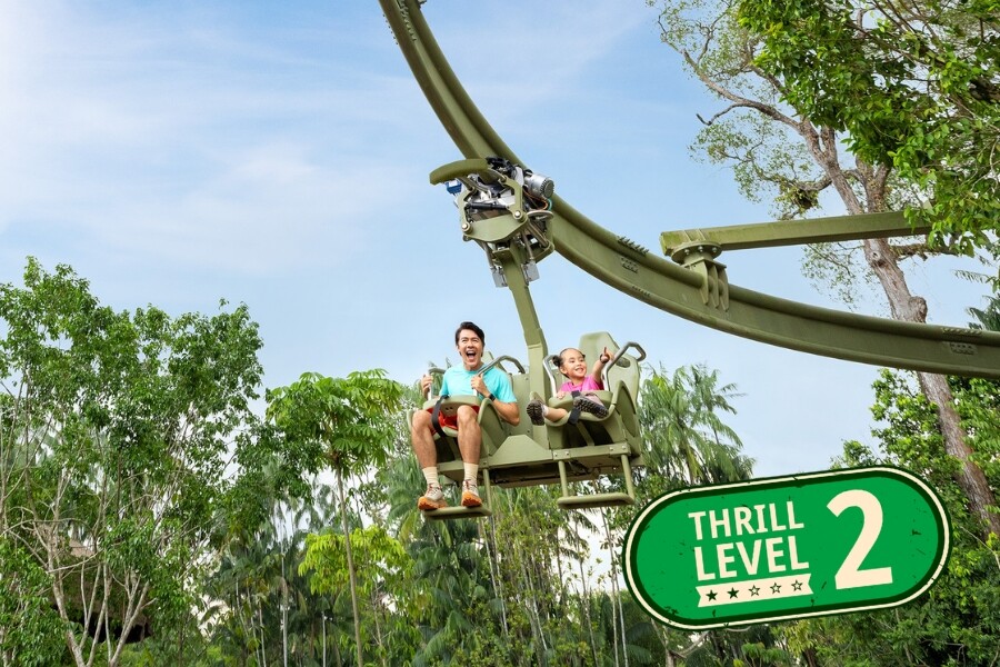 An adult and a child ride the Canopy Glider Adventure+ activity at Rainforest Wild Adventure