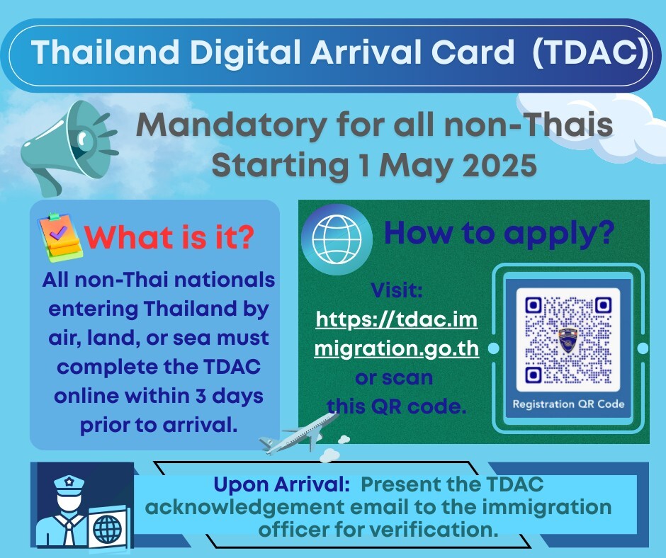 Royal Thai Embassy Singapore official Thailand Digital Arrival Card graphic with portal and 1 May 2025 start