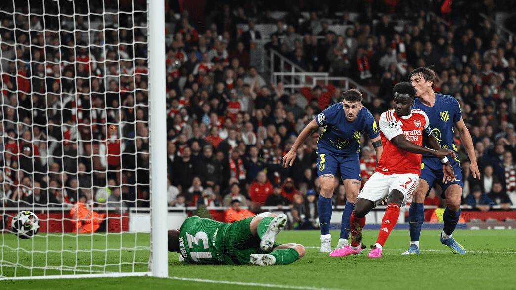 Bukayo Saka scoring the only goal in Arsenal 1-0 Atletico Madrid Champions League semi-final at Emirates Stadium