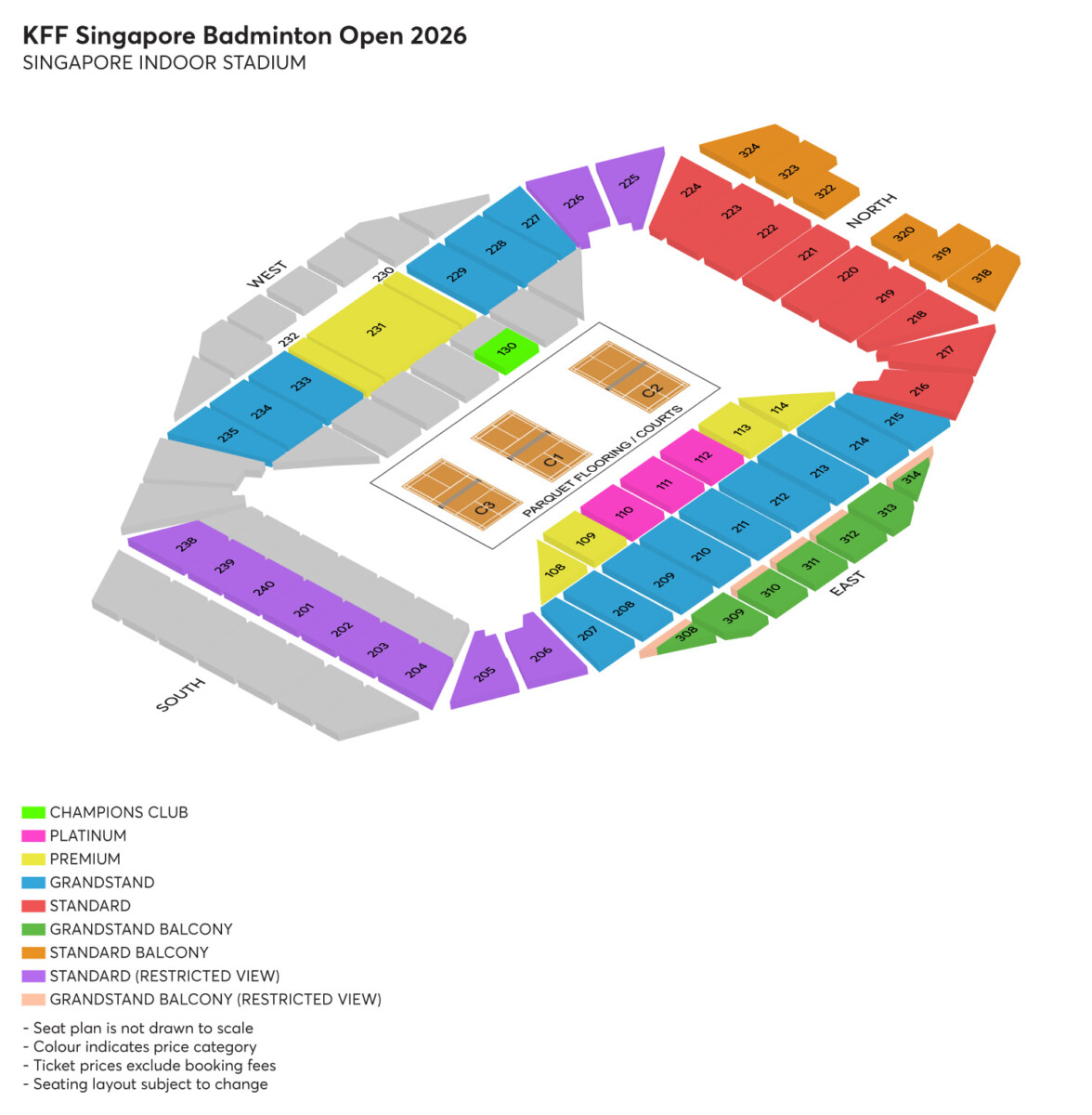 Official seating plan for the KFF Singapore Badminton Open 2026 at the Singapore Indoor Stadium