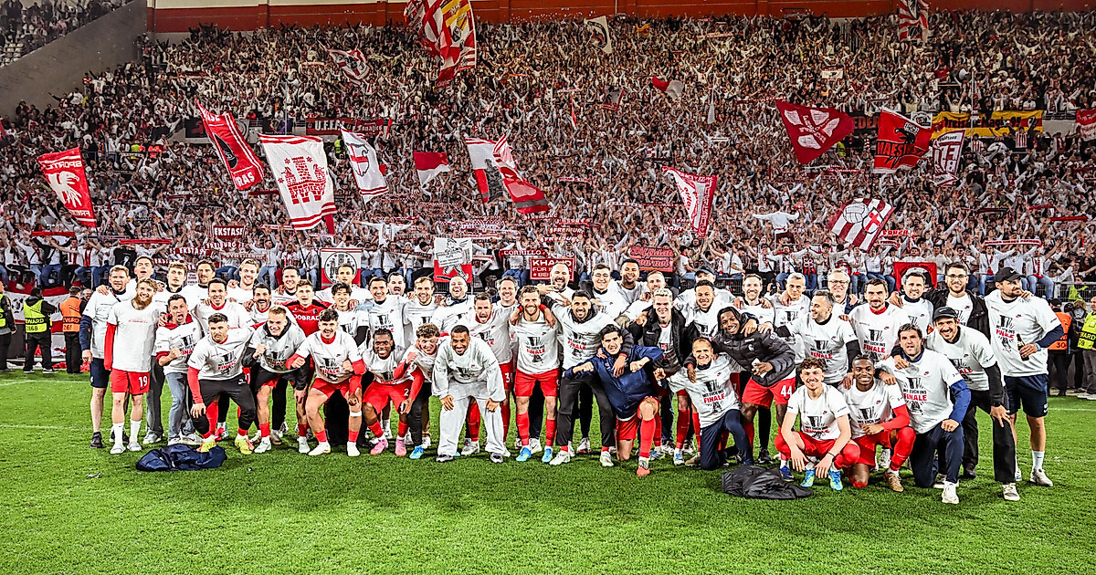 SC Freiburg celebrate their Europa League semi-final victory over Braga
