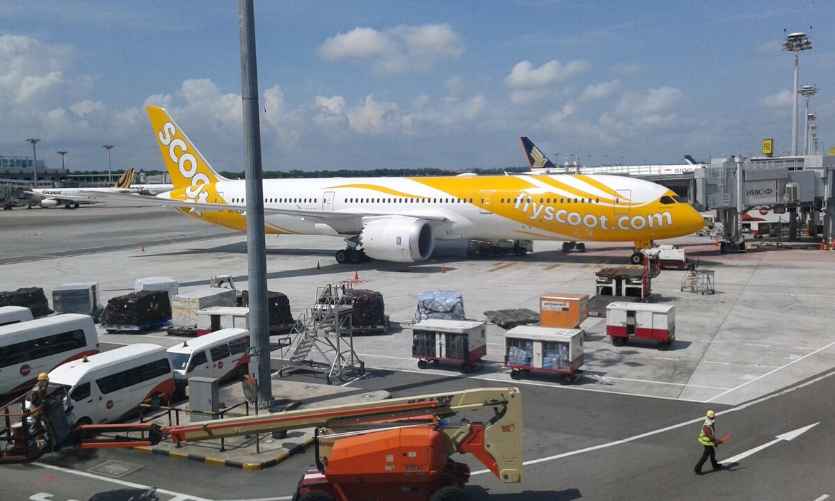 Scoot aircraft at Singapore Changi Airport, operator of Scoot Okinawa flights