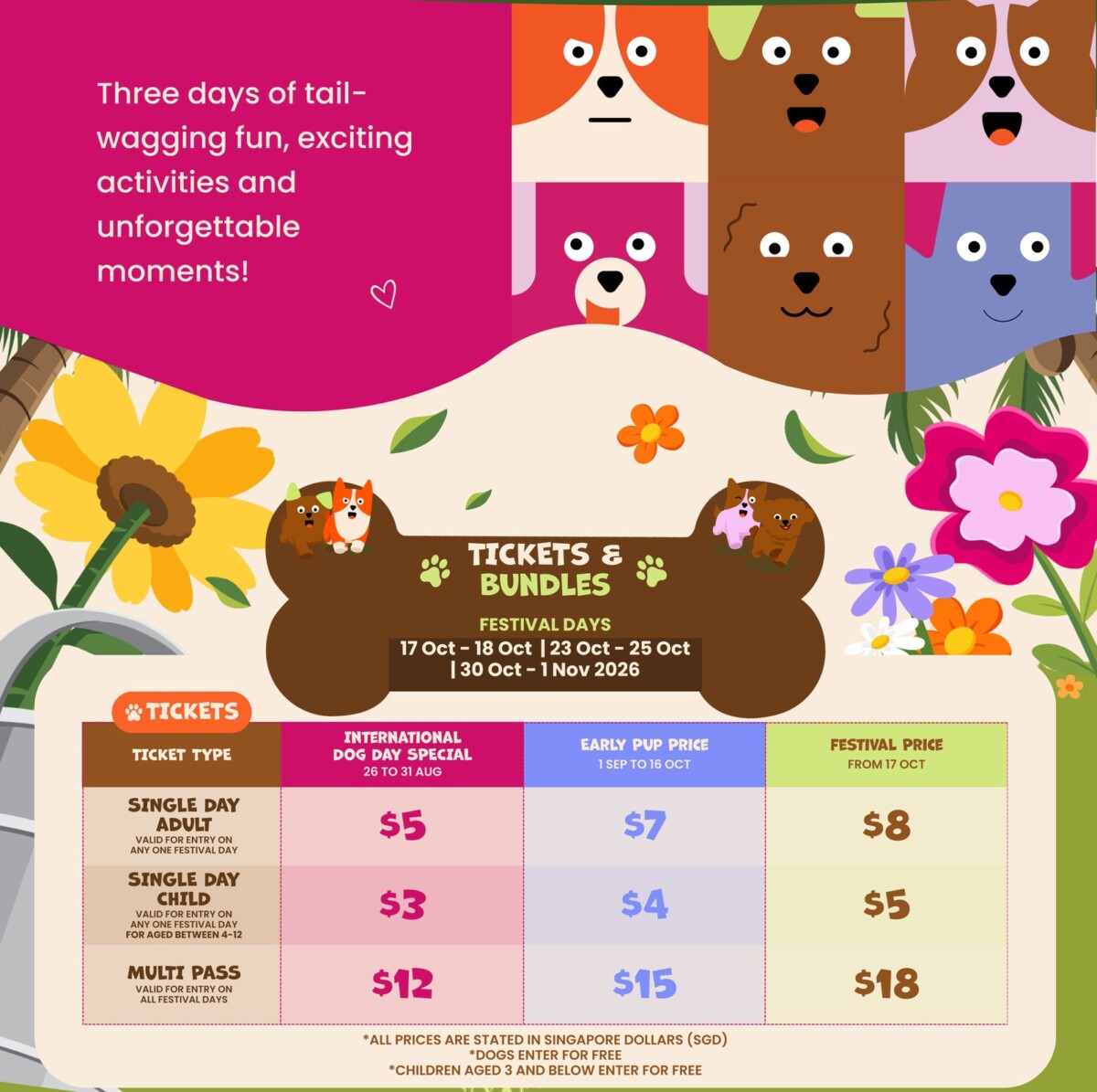 Singapore Dog Festival 2026 single day and Multi Pass price table