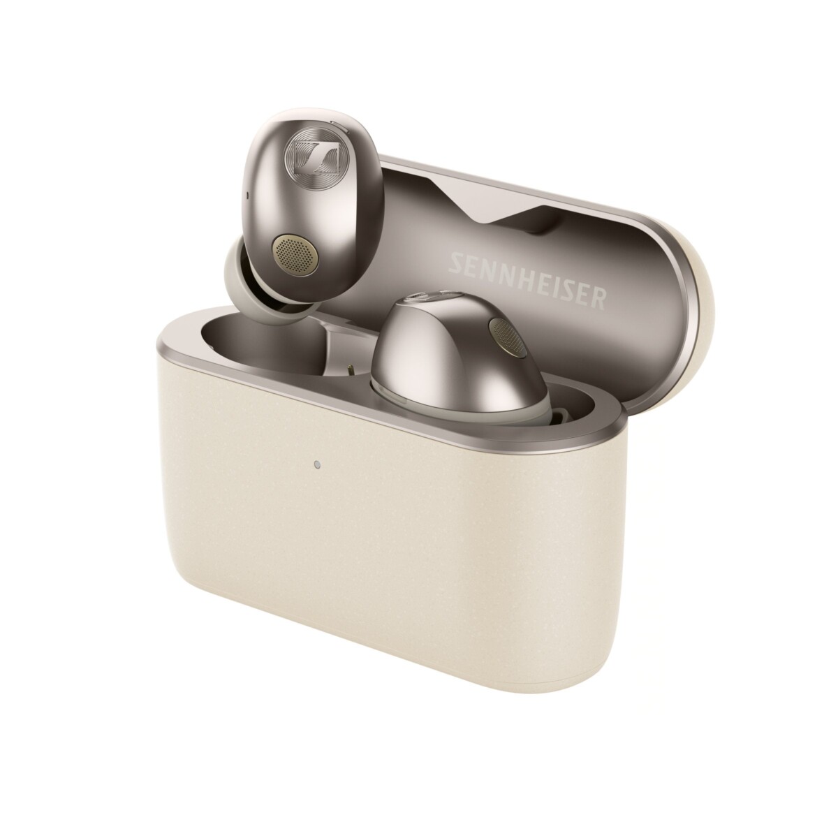 Sennheiser Momentum True Wireless 5 earbuds and charging case in Cream, official product image from the Singapore store