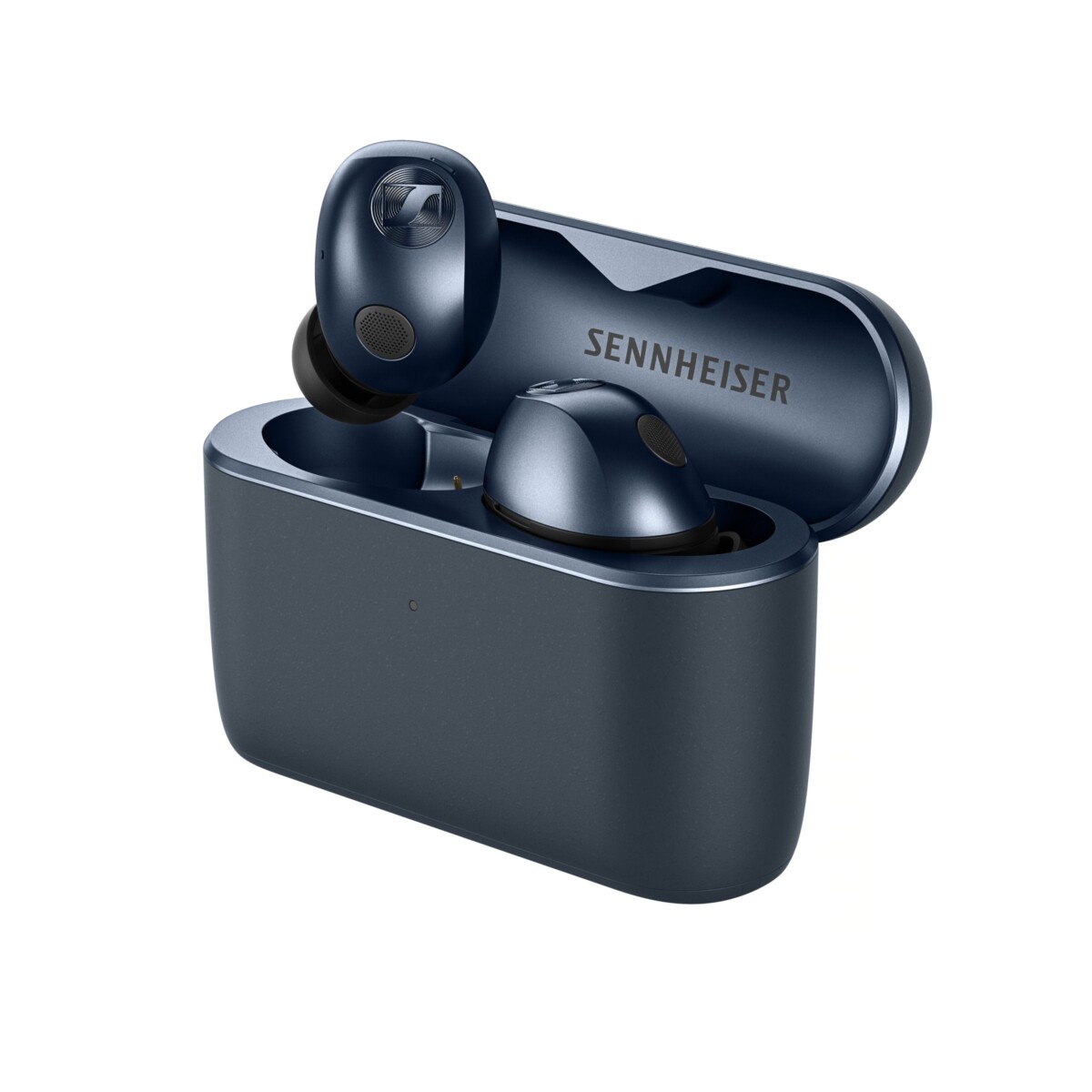 Sennheiser Momentum True Wireless 5 earbuds and charging case in Denim, official product image from the Singapore store