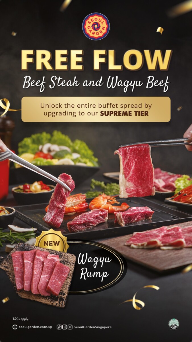 Seoul Garden Supreme tier poster showing free-flow beef steak and new wagyu rump