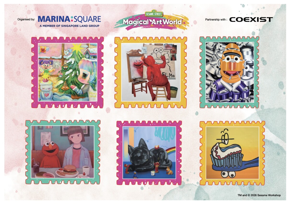 Six artist reinterpretations of Sesame Street characters shown as framed stamp artworks