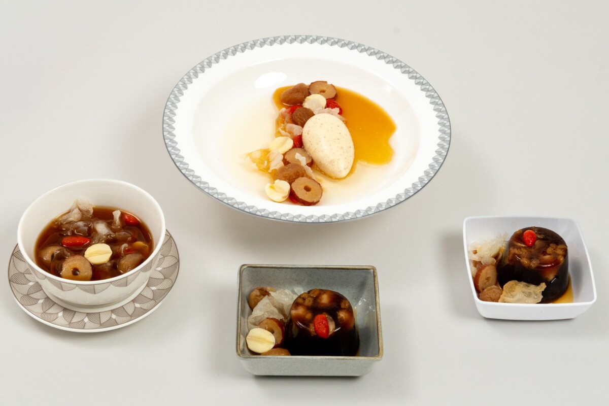 Three versions of the Cheng Tng dessert served in Singapore Airlines cabins