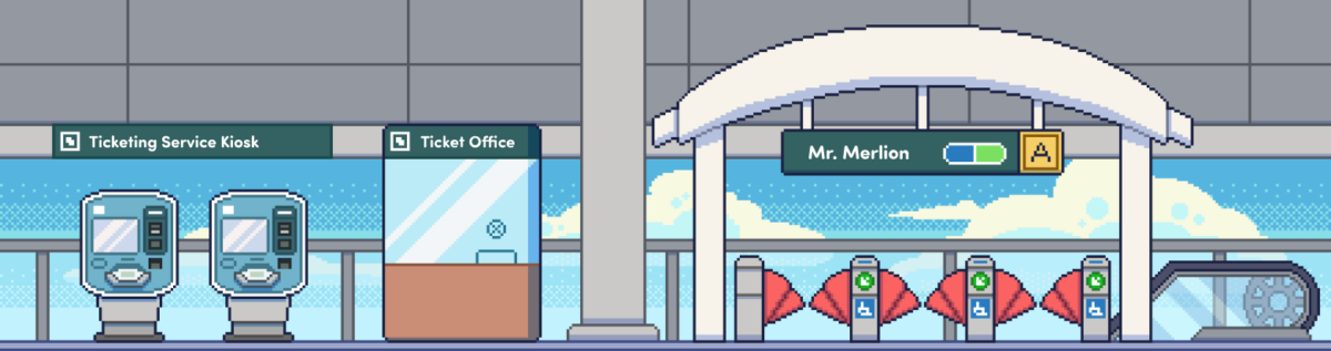 SimplyGo Adventure Quest pixel art MRT station scene with Mr. Merlion character