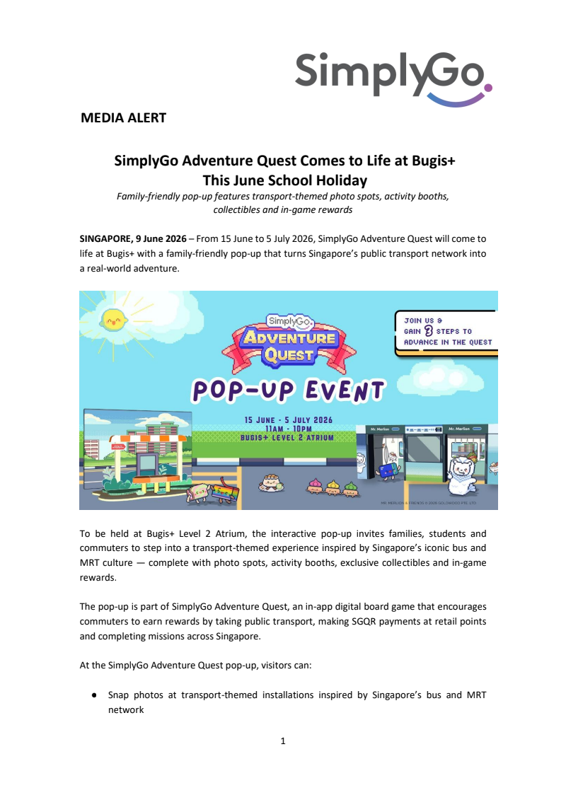 SimplyGo Adventure Quest Pop-Up Event poster, 15 June to 5 July 2026 at Bugis+ Level 2 Atrium
