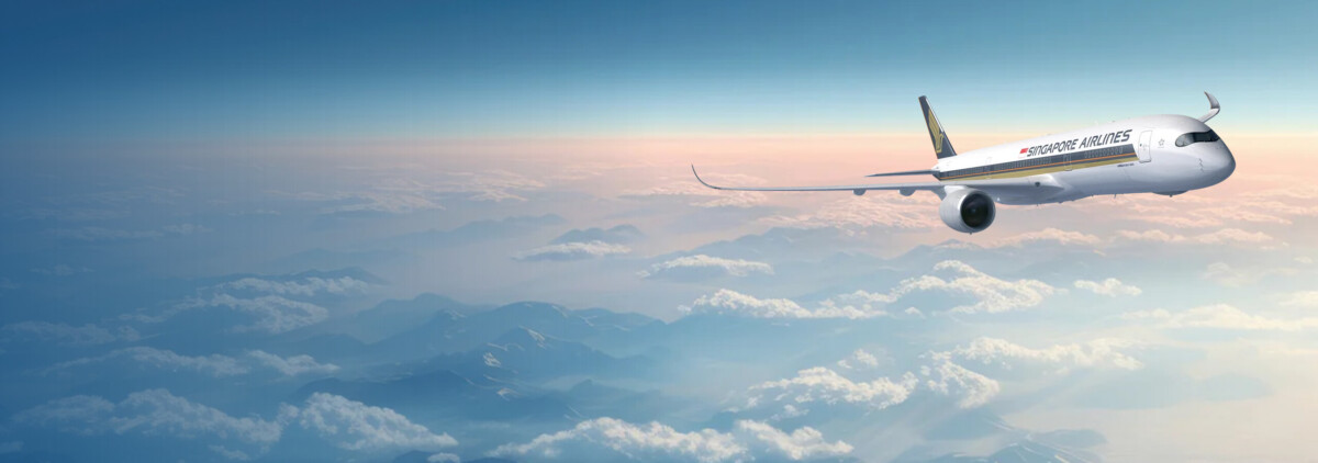 Singapore Airlines promo fares campaign image showing an A350 in flight above the clouds