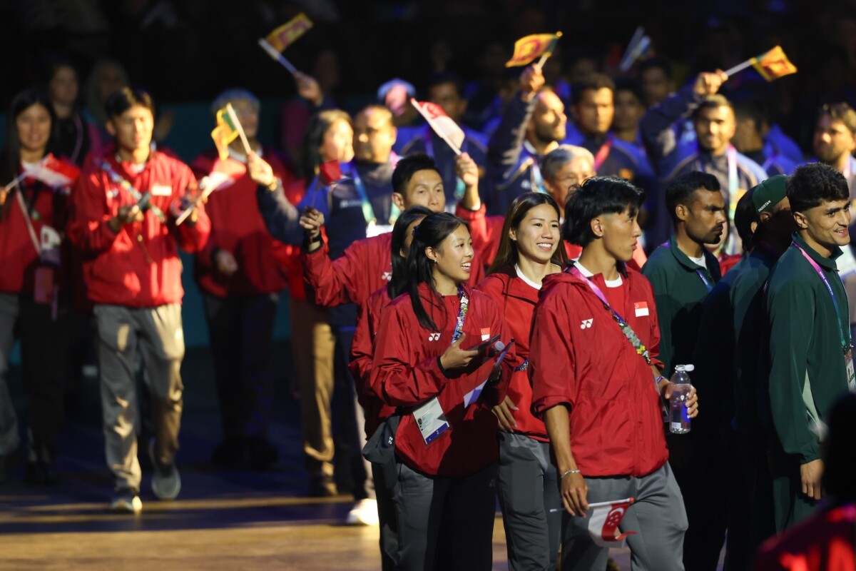 Singapore contingent at the Commonwealth Games 2026 closing ceremony in Glasgow, building momentum for the Asian Games in Aichi-Nagoya