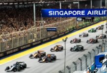 Singapore GP 2026: F1 Sprint times, tickets left and road closures Formula 1 cars on the start straight of the Marina Bay Street Circuit at night