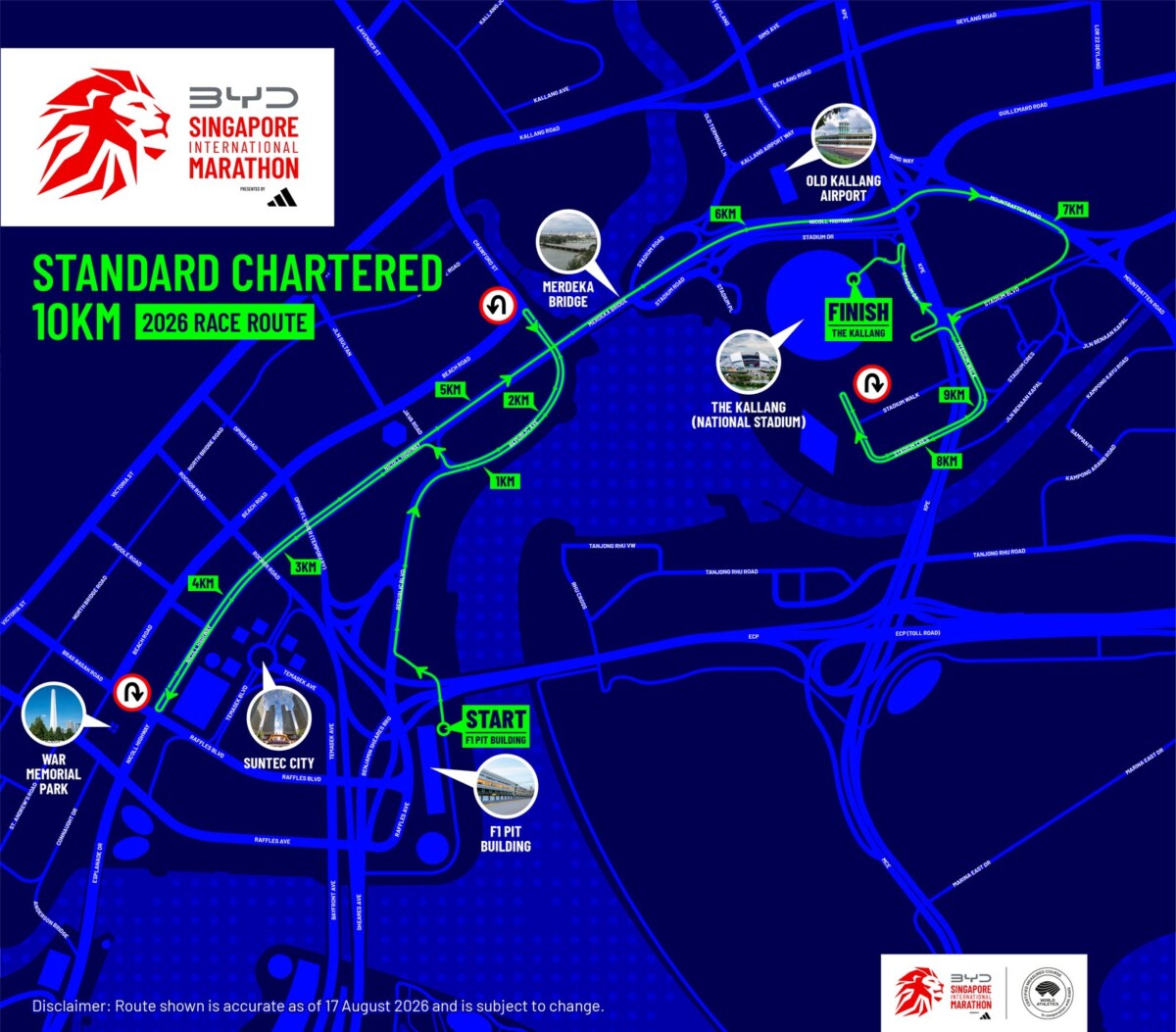 Standard Chartered 10km race route map for the Singapore International Marathon 2026