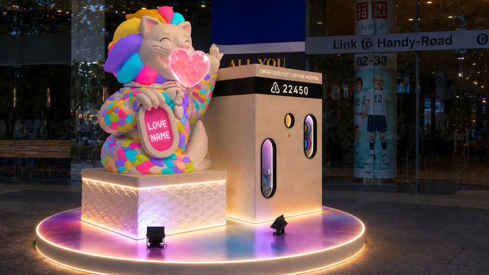 The Blooming Hearts Fortune Merlion recycled sculpture at Singapore Night Festival 2026 Plaza Singapura