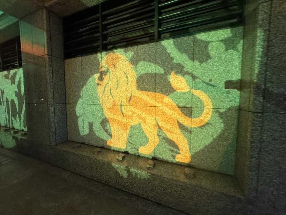A yellow and green shadow-puppet-style lion projected onto a concrete stairwell wall at night
