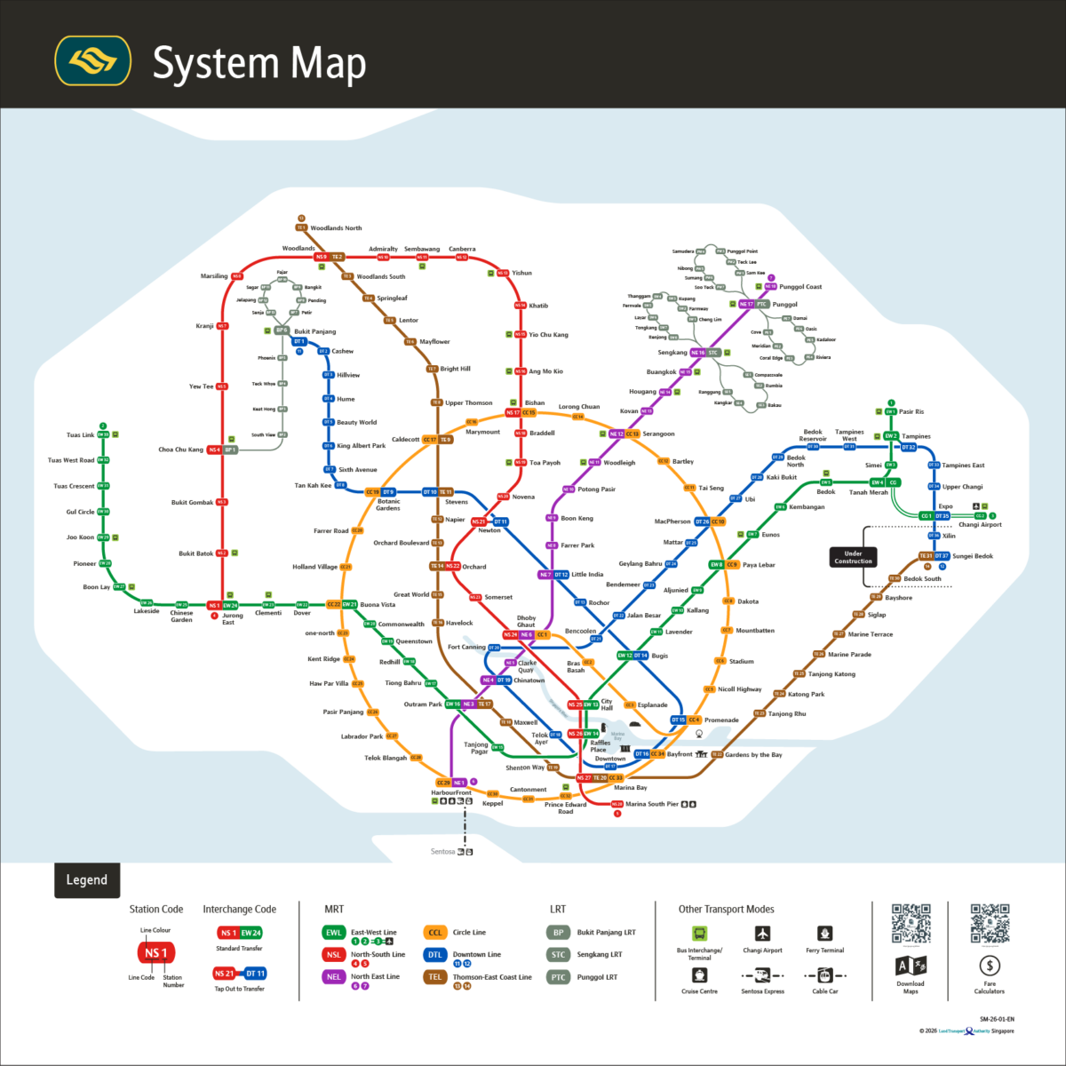 LTA rail system map of Singapore's MRT and LRT lines