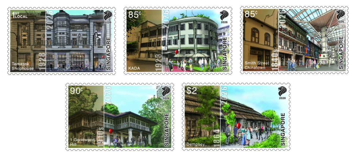 Five SLA25 commemorative postage stamps by SingPost showing Temasek Shophouse, KADA, Smith Street Chinatown, 1 Goodwood Hill and Dempsey