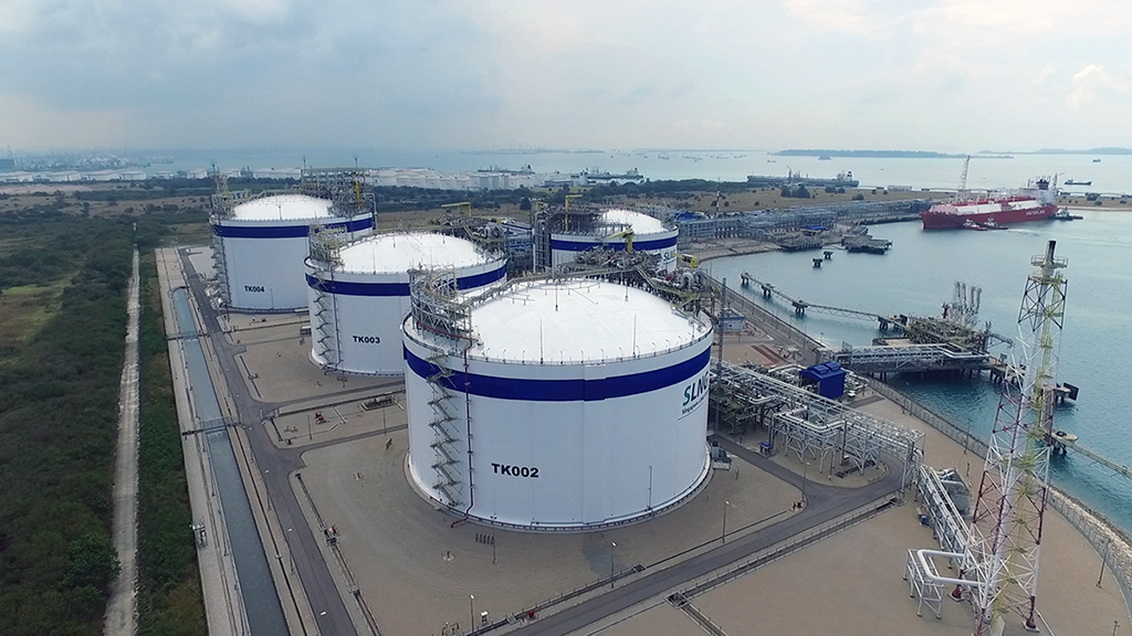 LNG storage tanks at the Singapore LNG terminal on Jurong Island
