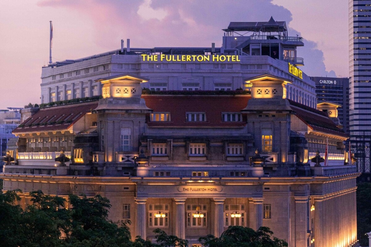 The Fullerton Hotel Singapore exterior at dusk