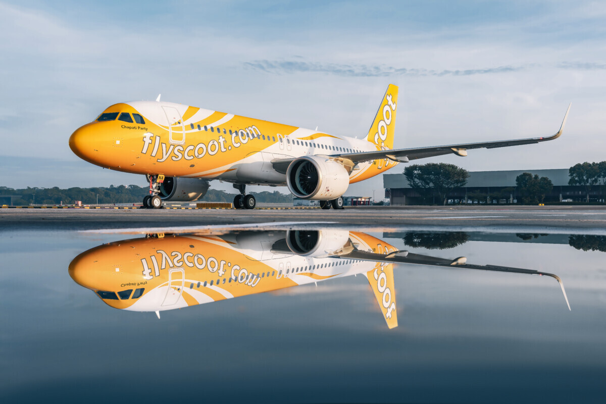 Scoot Airbus A320neo in yellow and white livery, the aircraft type on the Guiyang route