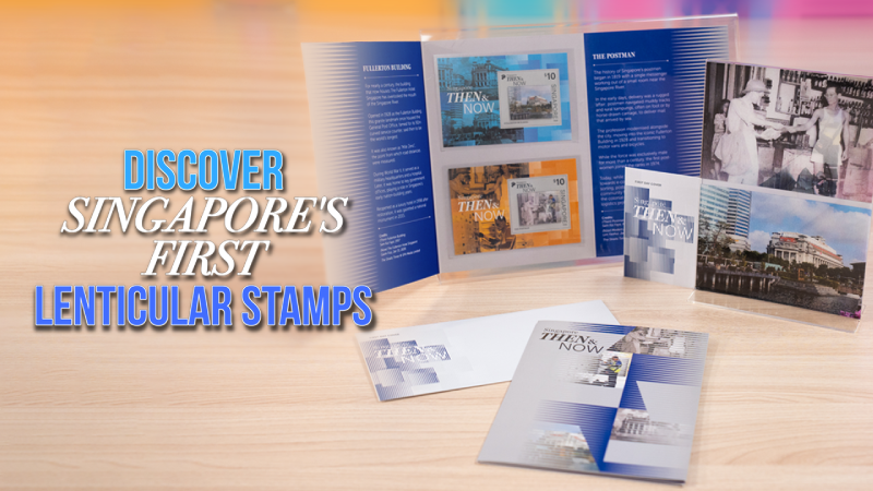 Singapore Then and Now lenticular stamp folder showing the Fullerton Building and postman stamps