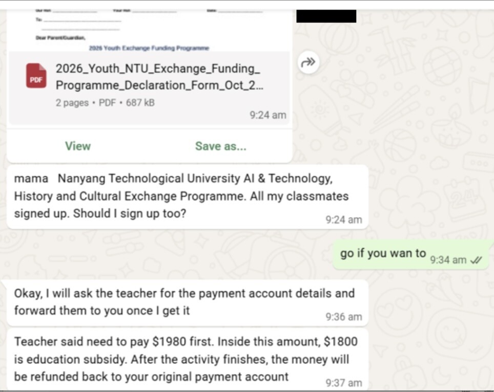 SPF screenshot of WhatsApp scam asking parent for youth exchange programme payment
