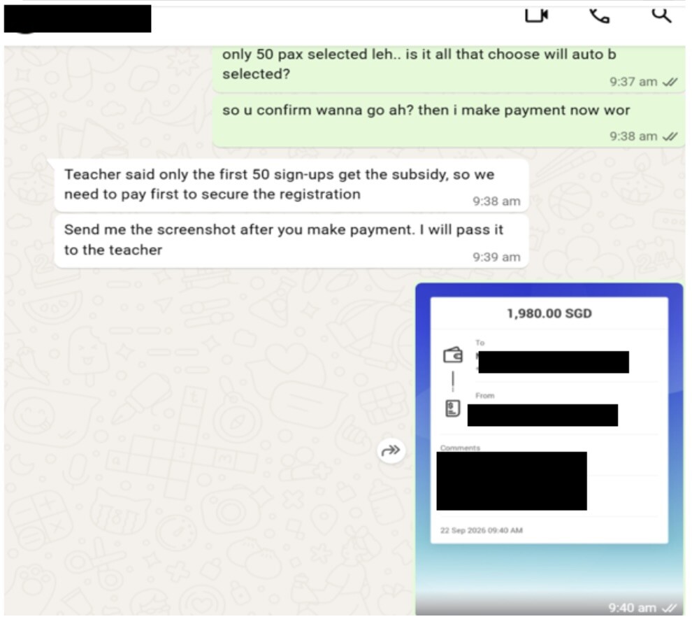 SPF advisory screenshot of fake AI course payment request on WhatsApp