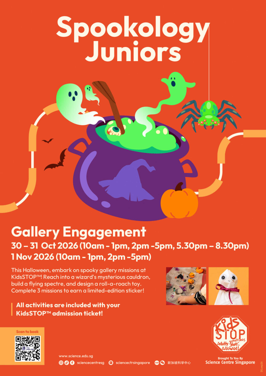 Spookology Juniors poster with cartoon ghosts, a cauldron and a pumpkin, listing KidsSTOP sessions on 30 and 31 October and 1 November