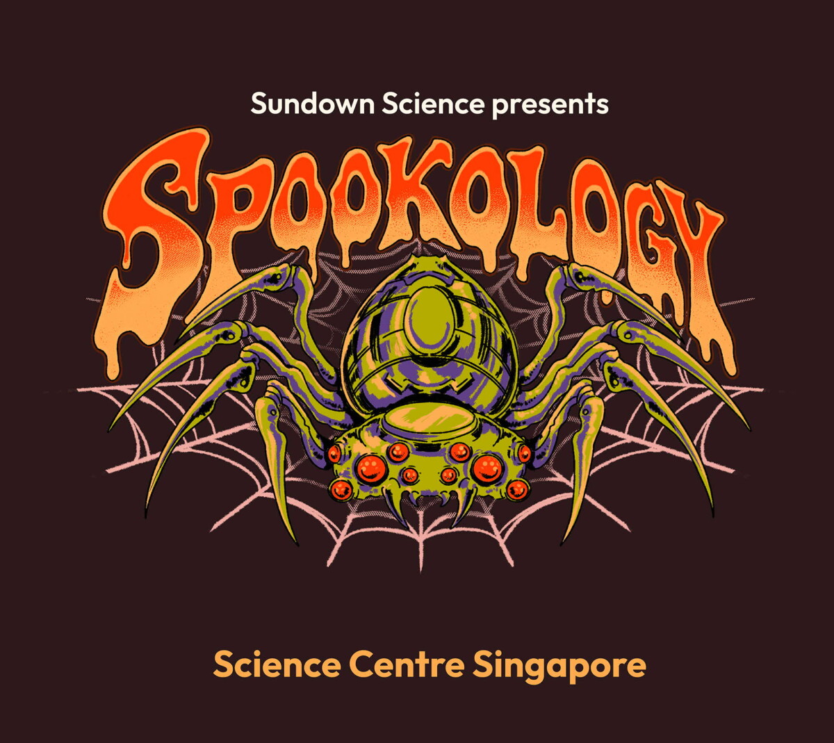 Spookology key art with a giant green spider on a web under the Spookology title, Science Centre Singapore