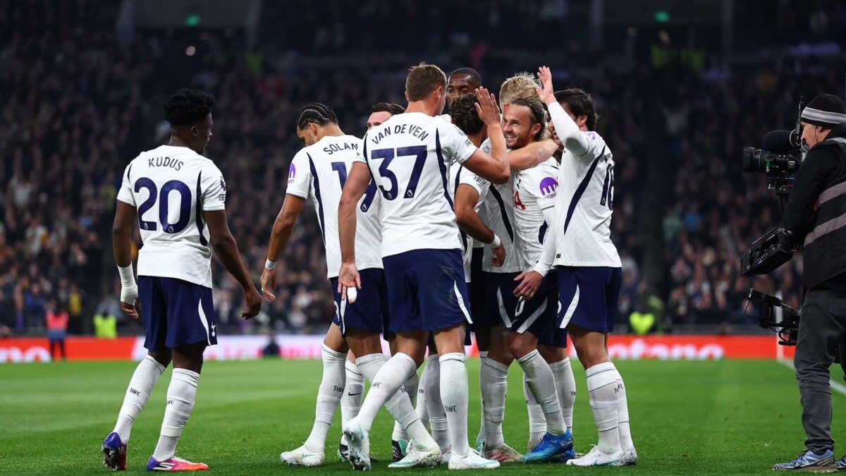 Tottenham players surround James Maddison after his opening goal against Coventry City