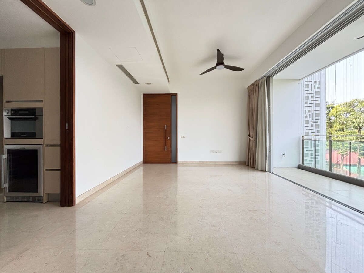 Empty luxury apartment living area with marble floor and balcony view
