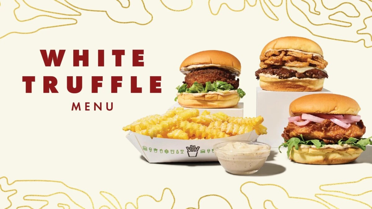 Shake Shack White Truffle Season is Back campaign image showing the white truffle burgers and fries