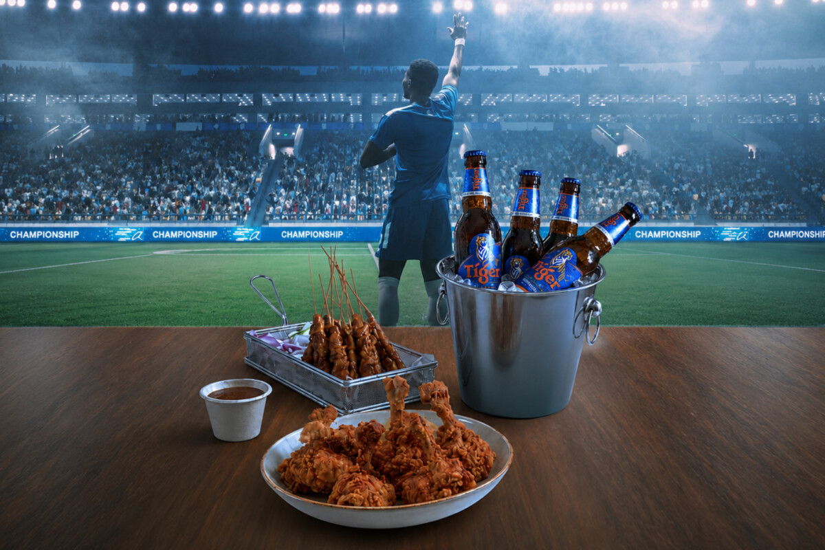Live football screening at The Stamford Brasserie, Swissôtel The Stamford, June–July 2026, with Tiger beer bucket and satay